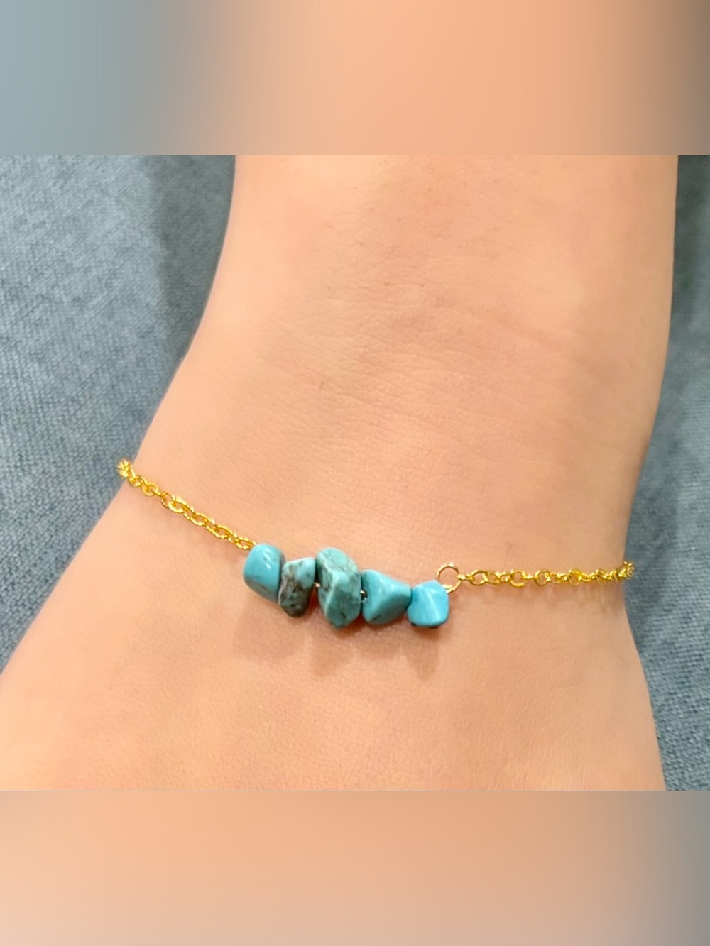 Handmade Natural Turquoise Chips Bracelet on 7.5” Long Dainty Golden Chain